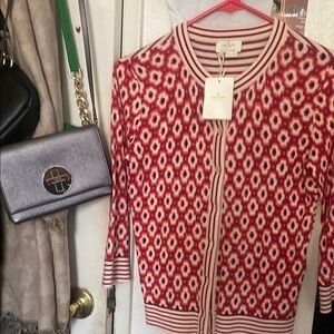 Kate Spade Red and White Geometric Cardigan Sweater